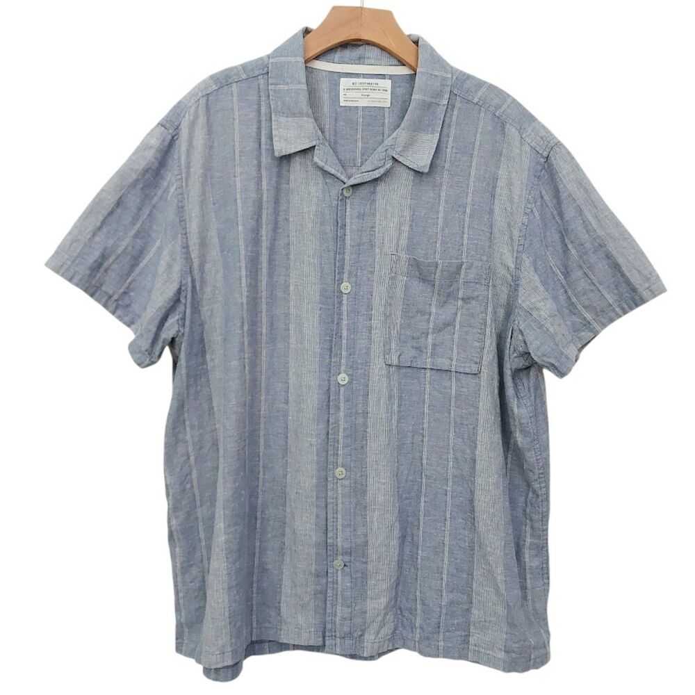 REI Co-op Shirt Mens XL Blue Hemp Organic Cotton Short Sleeve Stripes Casual